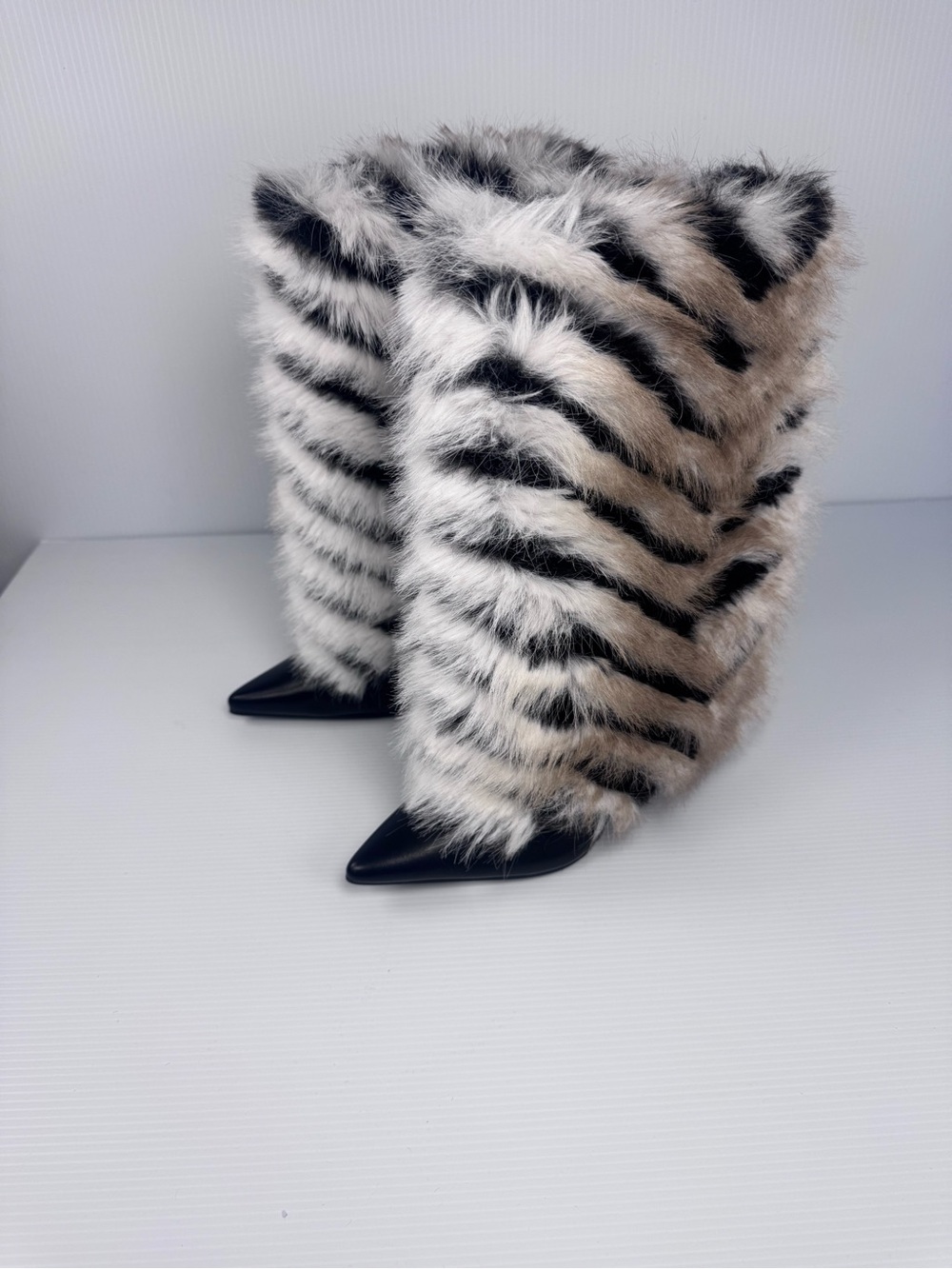 Azalea Wang Faux Fur Zebra Stripe Wedge Boots – Statement Boots (NIB)